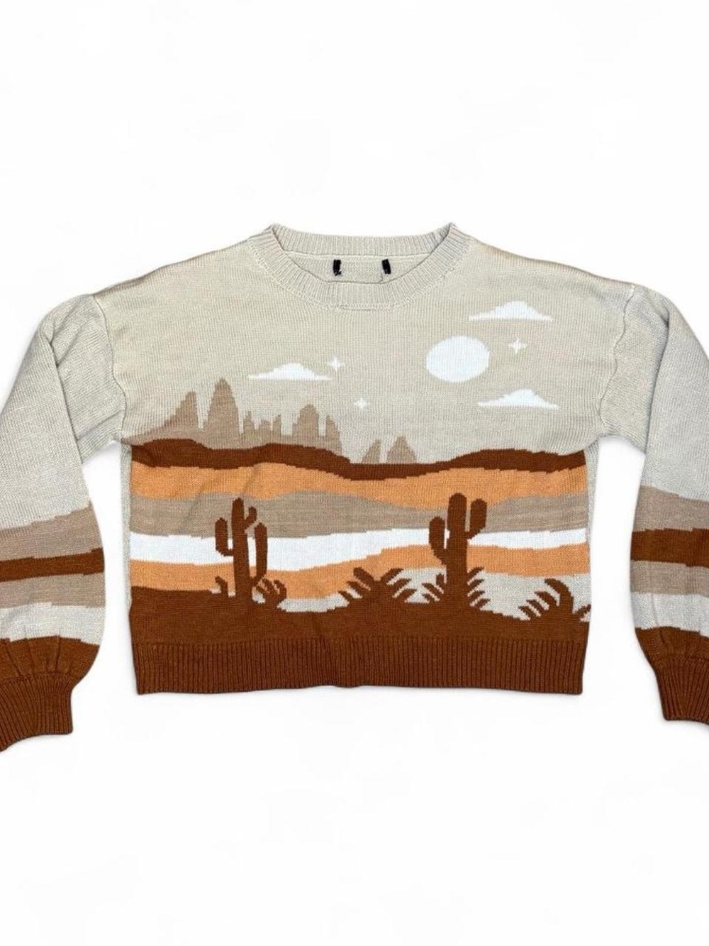 Women’s Desert Landscape Crewneck Sweater Small- Cream & Brown